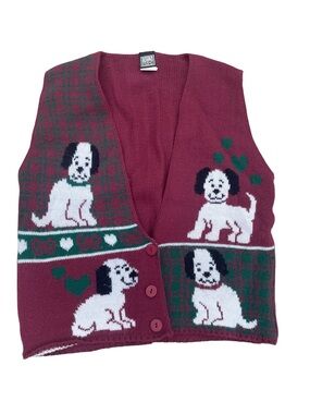 Vintage Freeze Frame Burgundy & Green Dog Motif Knit Vest XL(18PP)